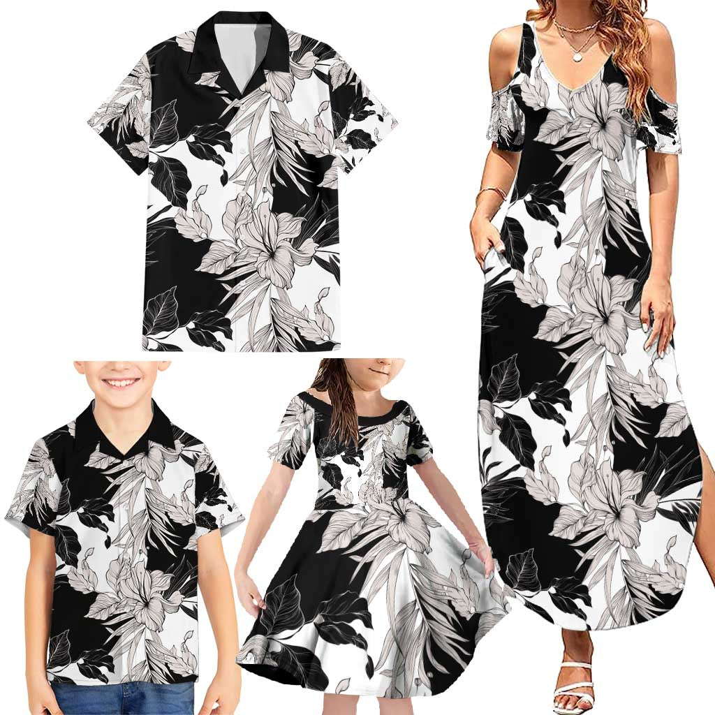 Black White Monotone Tropical Flowers Pattern Family Matching Summer Maxi Dress and Hawaiian Shirt - Polynesian Pride