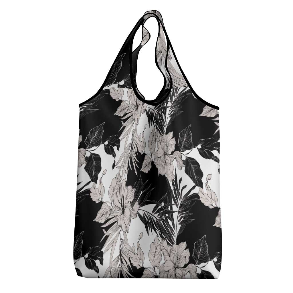 Black White Monotone Tropical Flowers Pattern Grocery Bag - Polynesian Pride