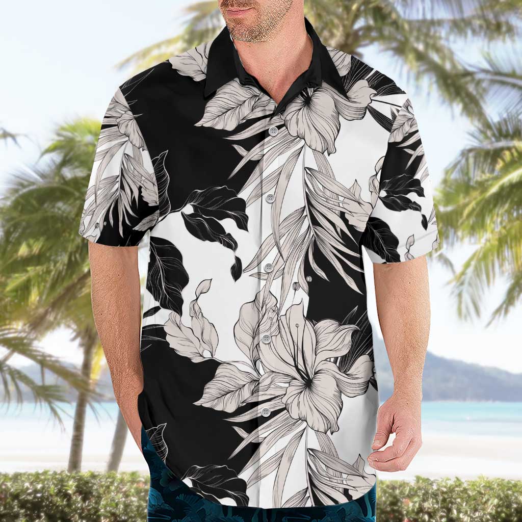 Black White Monotone Tropical Flowers Pattern Hawaiian Shirt - Polynesian Pride