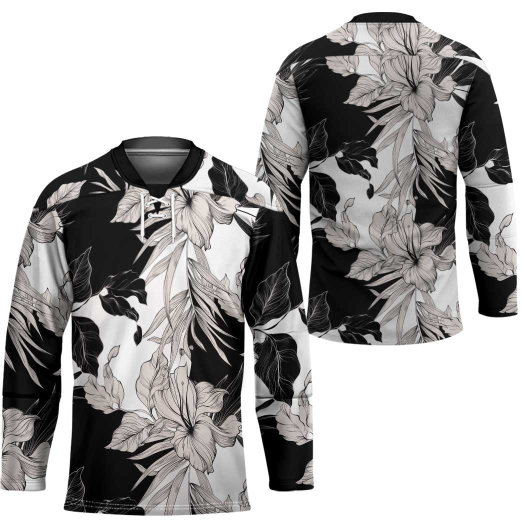 Black White Monotone Tropical Flowers Pattern Hockey Jersey - Polynesian Pride
