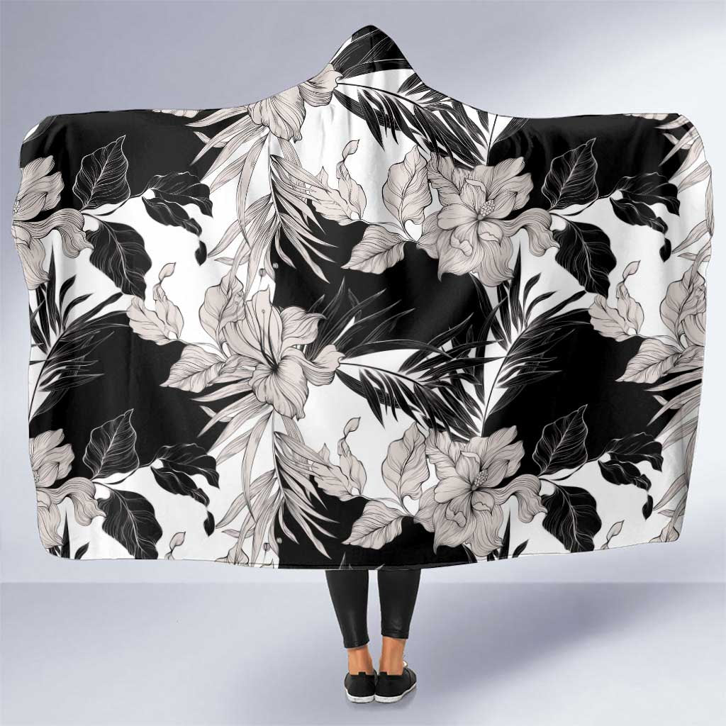 Black White Monotone Tropical Flowers Pattern Hooded Blanket LT01 One Size Black - Polynesian Pride