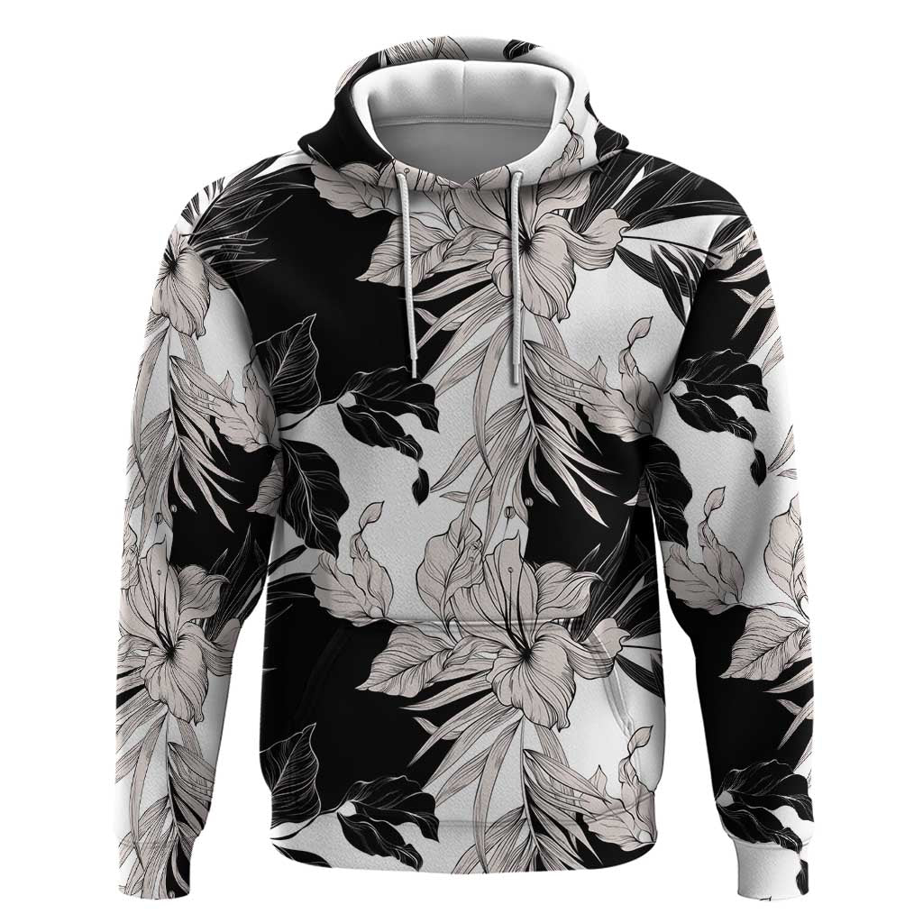 Black White Monotone Tropical Flowers Pattern Hoodie - Polynesian Pride