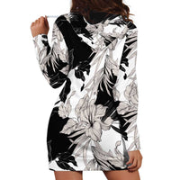 Black White Monotone Tropical Flowers Pattern Hoodie Dress - Polynesian Pride