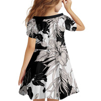 Black White Monotone Tropical Flowers Pattern Kid Short Sleeve Dress - Polynesian Pride