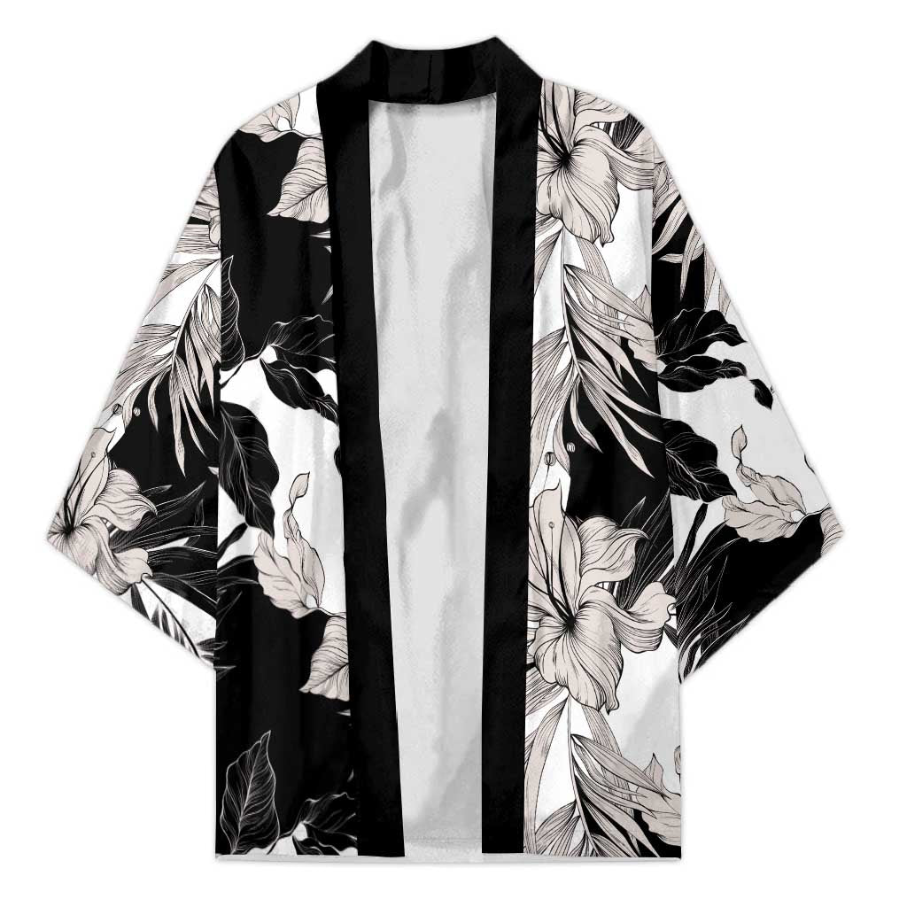Black White Monotone Tropical Flowers Pattern Kimono - Polynesian Pride