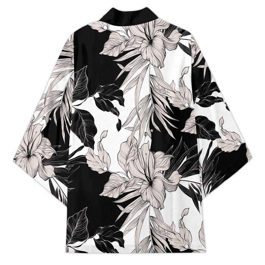 Black White Monotone Tropical Flowers Pattern Kimono - Polynesian Pride