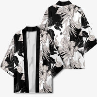 Black White Monotone Tropical Flowers Pattern Kimono - Polynesian Pride