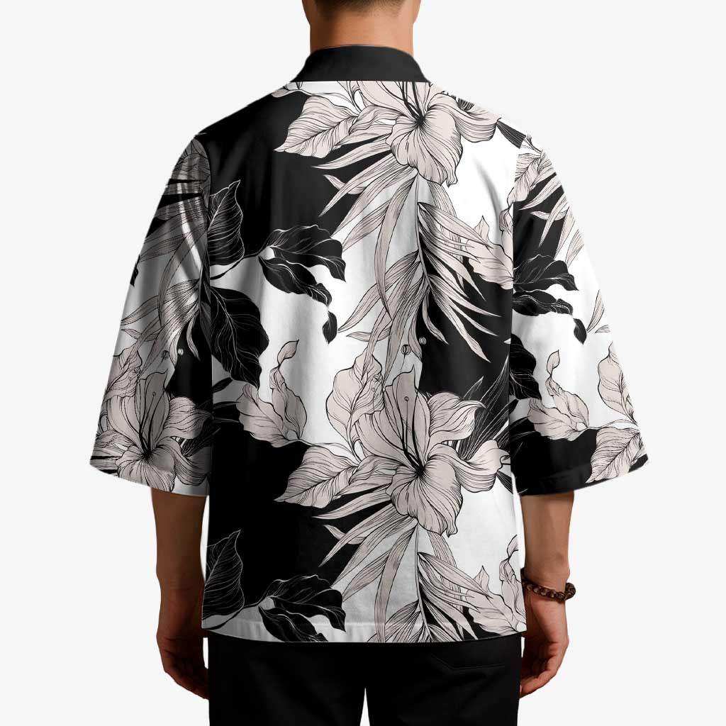 Black White Monotone Tropical Flowers Pattern Kimono - Polynesian Pride