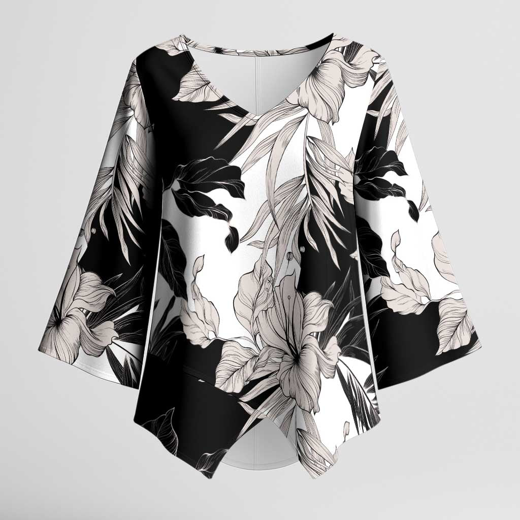 Black White Monotone Tropical Flowers Pattern Kimono Sleeve Blouse - Polynesian Pride