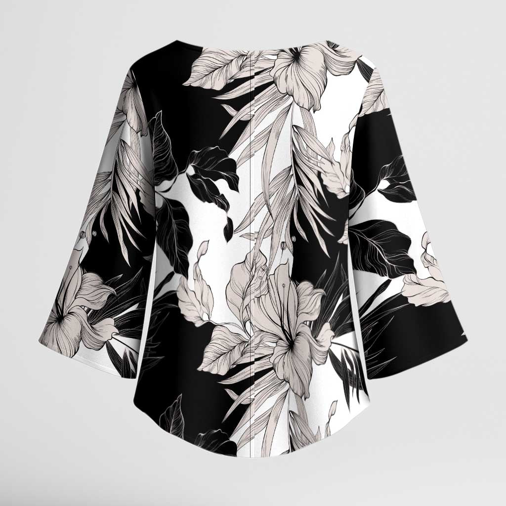 Black White Monotone Tropical Flowers Pattern Kimono Sleeve Blouse - Polynesian Pride
