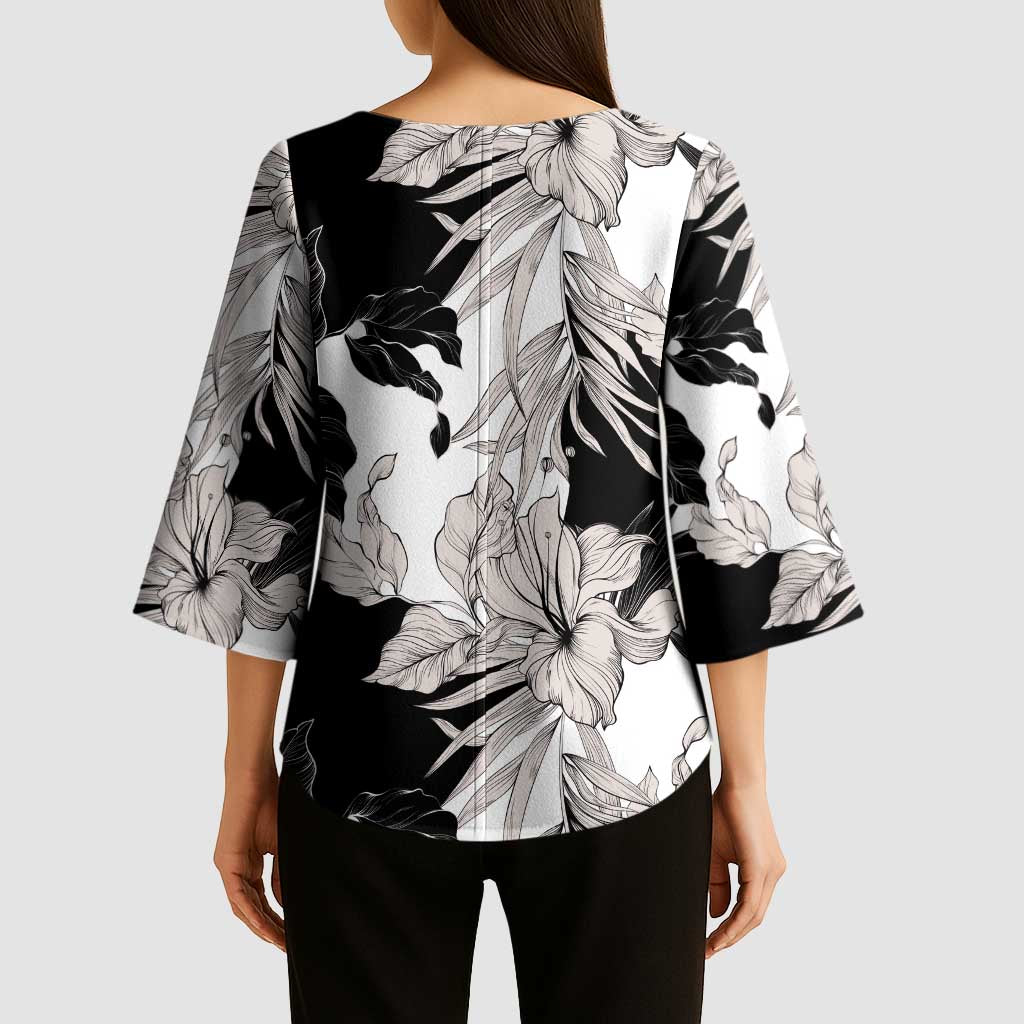 Black White Monotone Tropical Flowers Pattern Kimono Sleeve Blouse - Polynesian Pride