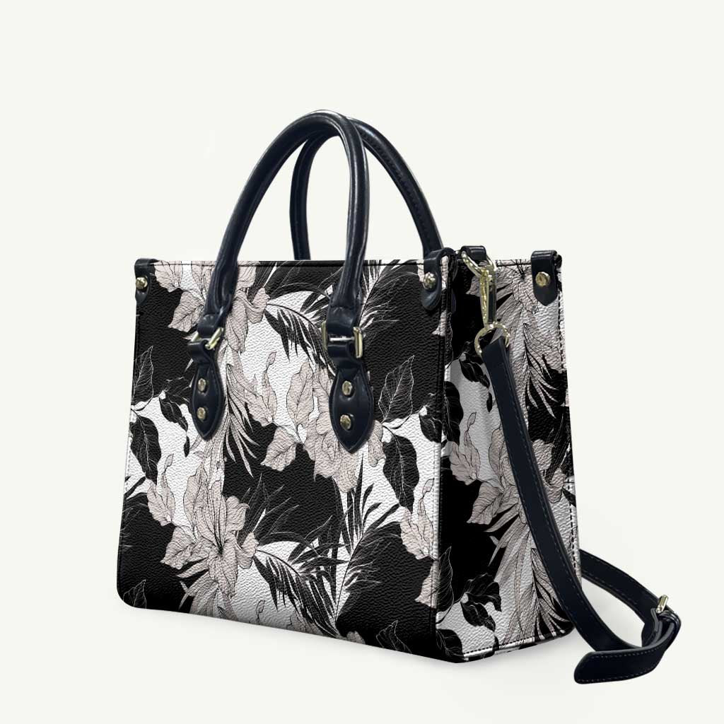 Black White Monotone Tropical Flowers Pattern Leather Bag - Polynesian Pride