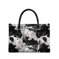 Black White Monotone Tropical Flowers Pattern Leather Bag - Polynesian Pride