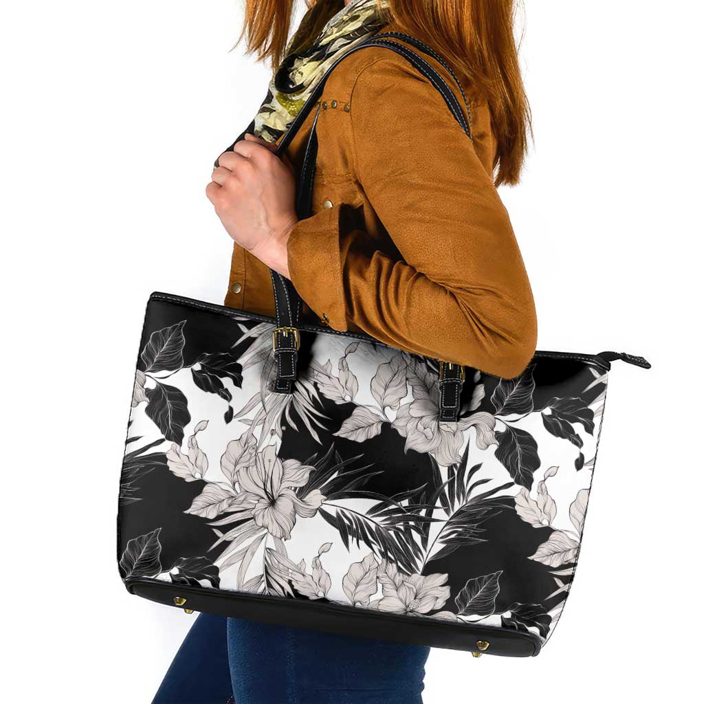 Black White Monotone Tropical Flowers Pattern Leather Tote Bag - Polynesian Pride