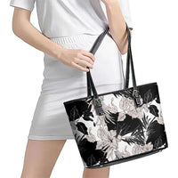 Black White Monotone Tropical Flowers Pattern Leather Tote Bag - Polynesian Pride