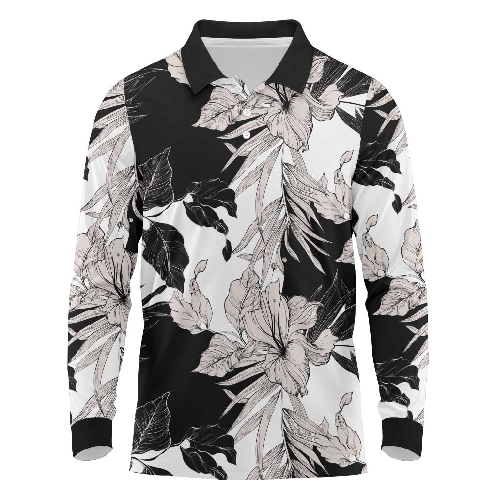 Black White Monotone Tropical Flowers Pattern Long Sleeve Polo Shirt LT01 Black - Polynesian Pride