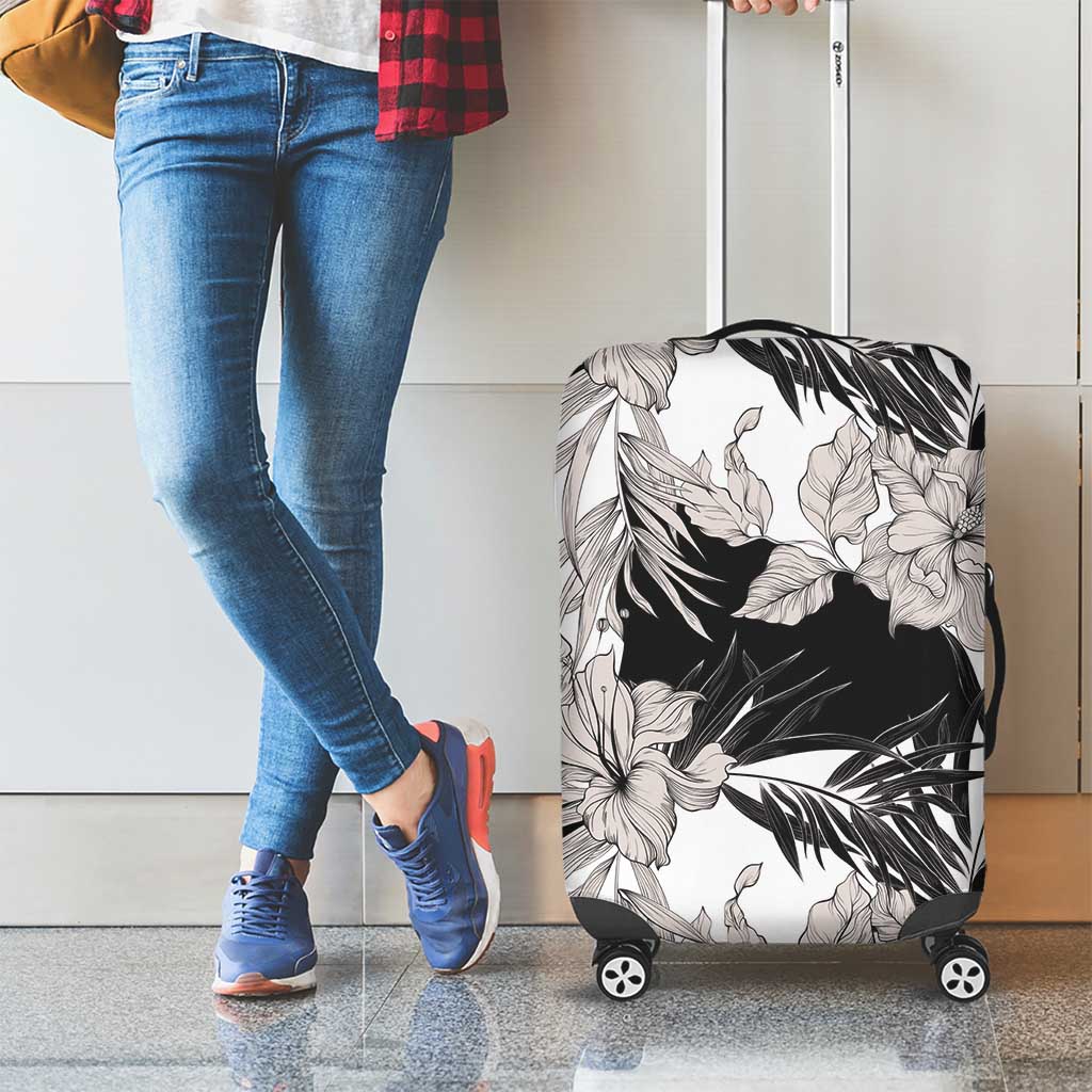 Black White Monotone Tropical Flowers Pattern Luggage Cover - Polynesian Pride