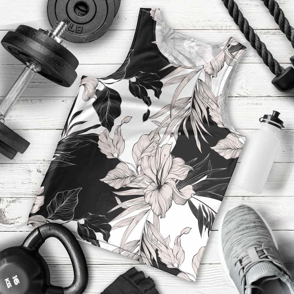 Black White Monotone Tropical Flowers Pattern Men Tank Top - Polynesian Pride