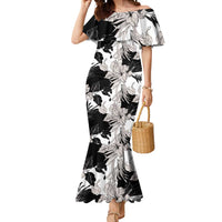 Black White Monotone Tropical Flowers Pattern Mermaid Dress - Polynesian Pride