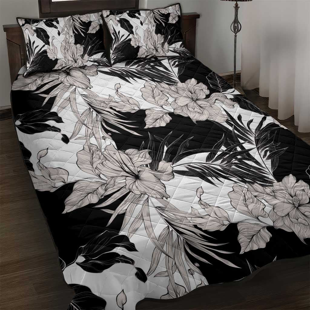 Black White Monotone Tropical Flowers Pattern Quilt Bed Set - Polynesian Pride