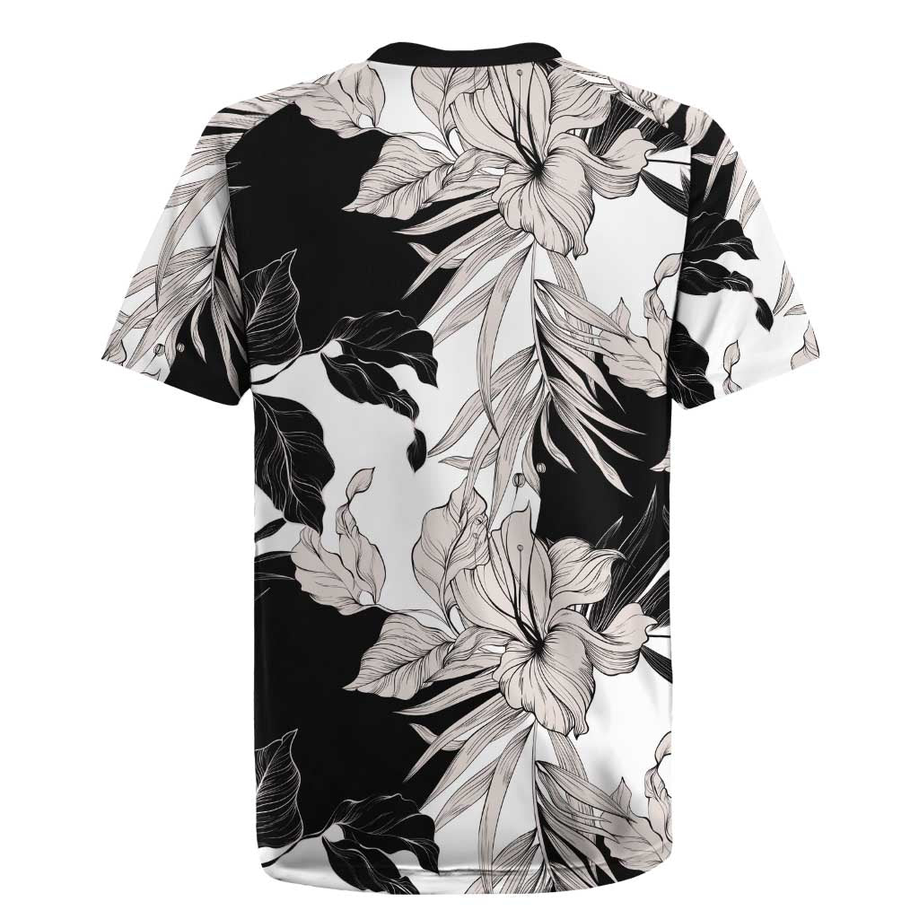 Black White Monotone Tropical Flowers Pattern Rugby Jersey - Polynesian Pride