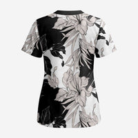 Black White Monotone Tropical Flowers Pattern Scrub Top - Polynesian Pride