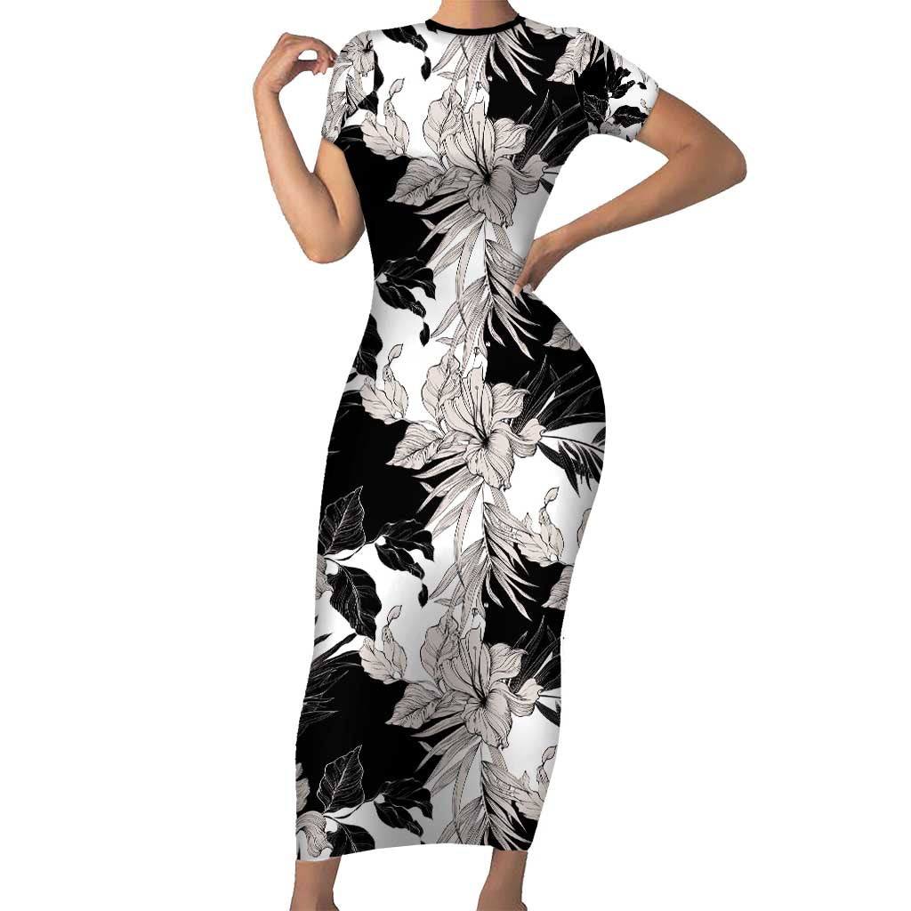 Black White Monotone Tropical Flowers Pattern Short Sleeve Bodycon Dress - Polynesian Pride