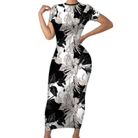 Black White Monotone Tropical Flowers Pattern Short Sleeve Bodycon Dress - Polynesian Pride