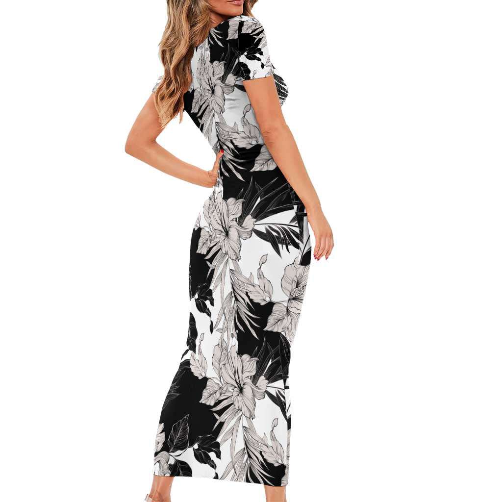 Black White Monotone Tropical Flowers Pattern Short Sleeve Bodycon Dress - Polynesian Pride