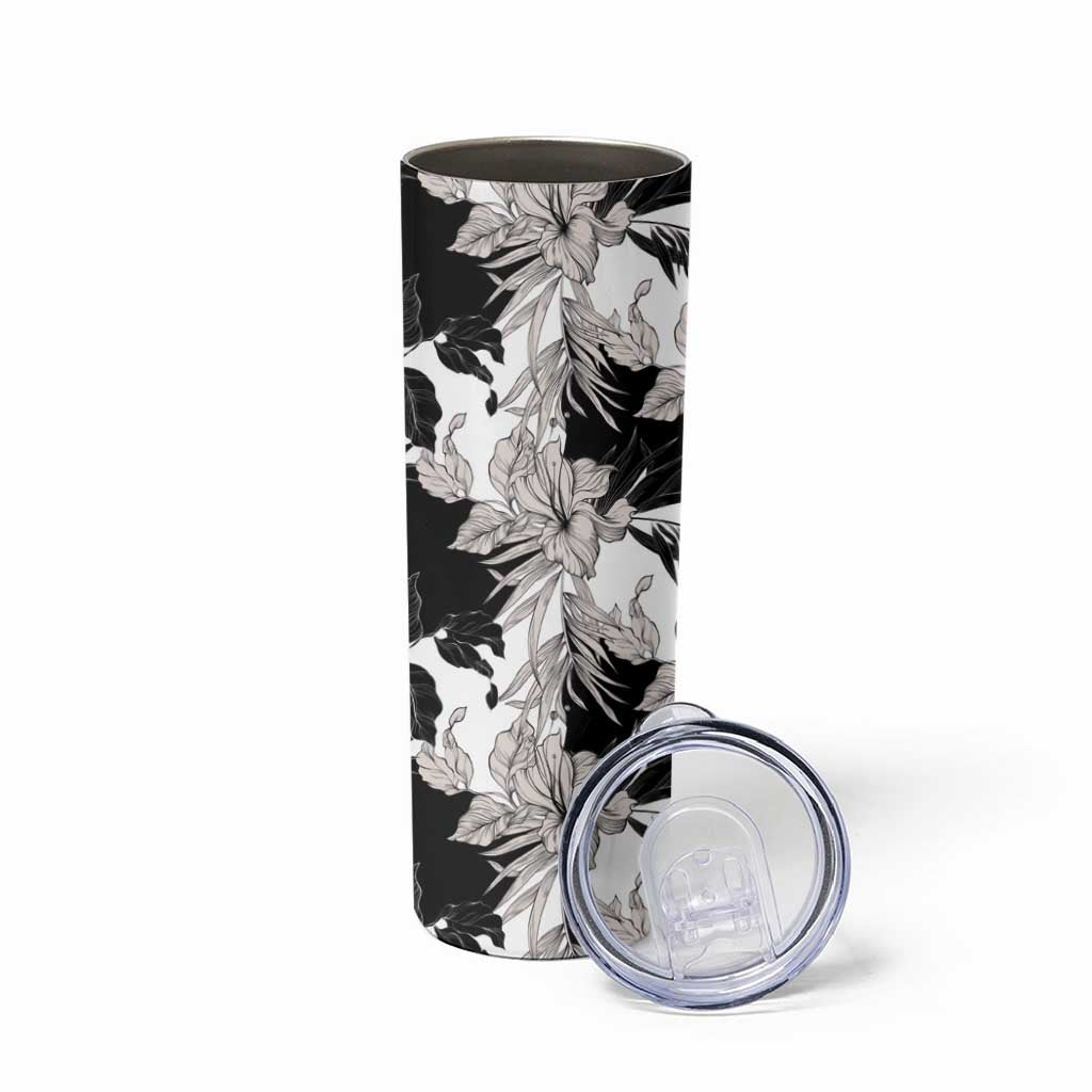 Black White Monotone Tropical Flowers Pattern Skinny Tumbler - Polynesian Pride