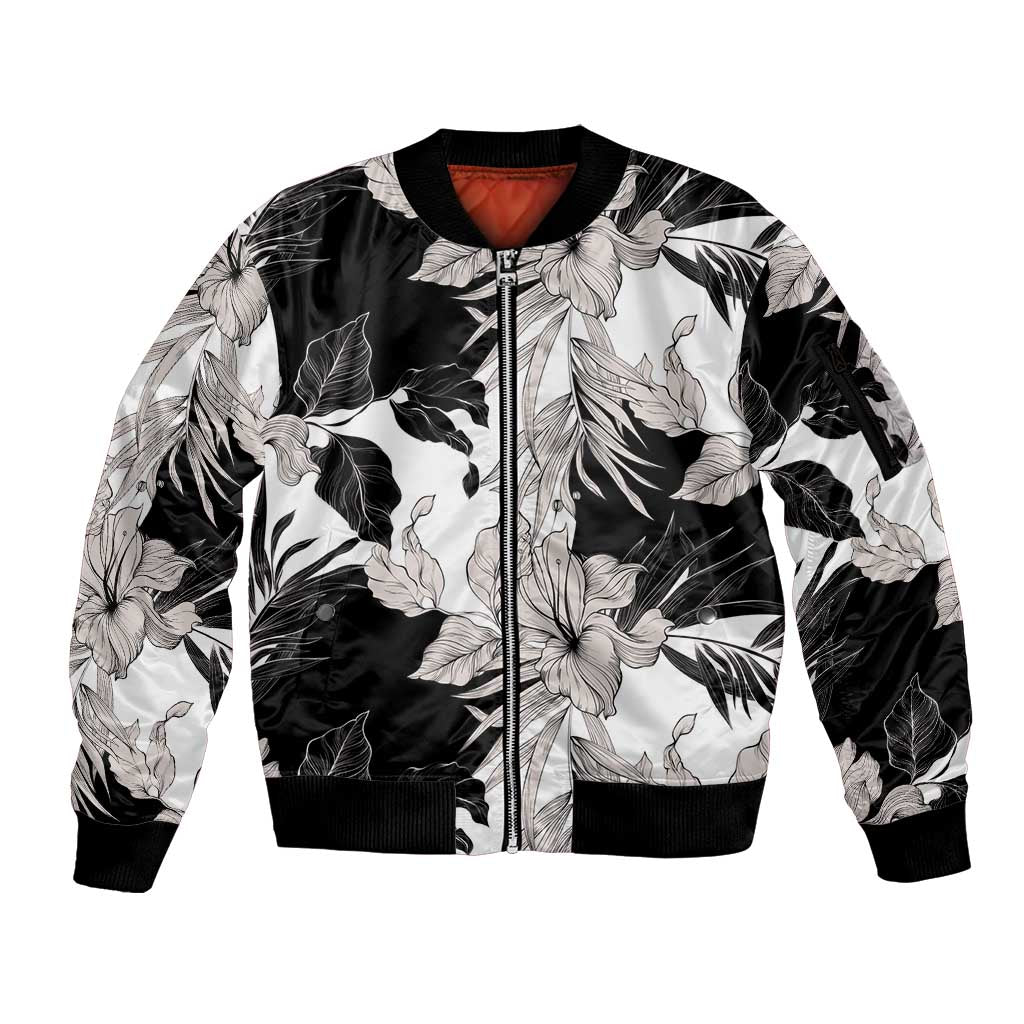 Black White Monotone Tropical Flowers Pattern Sleeve Zip Bomber Jacket - Polynesian Pride