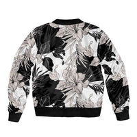 Black White Monotone Tropical Flowers Pattern Sleeve Zip Bomber Jacket - Polynesian Pride