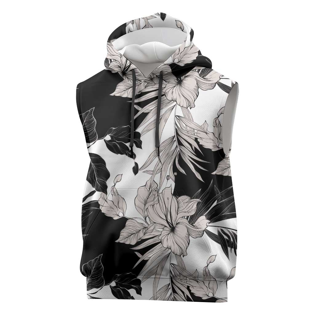 Black White Monotone Tropical Flowers Pattern Sleeveless Hoodie LT01 Black - Polynesian Pride