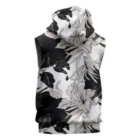Black White Monotone Tropical Flowers Pattern Sleeveless Zip Hoodie - Polynesian Pride
