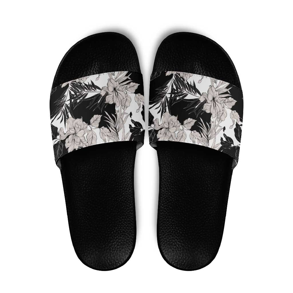 Black White Monotone Tropical Flowers Pattern Slide Sandals - Polynesian Pride