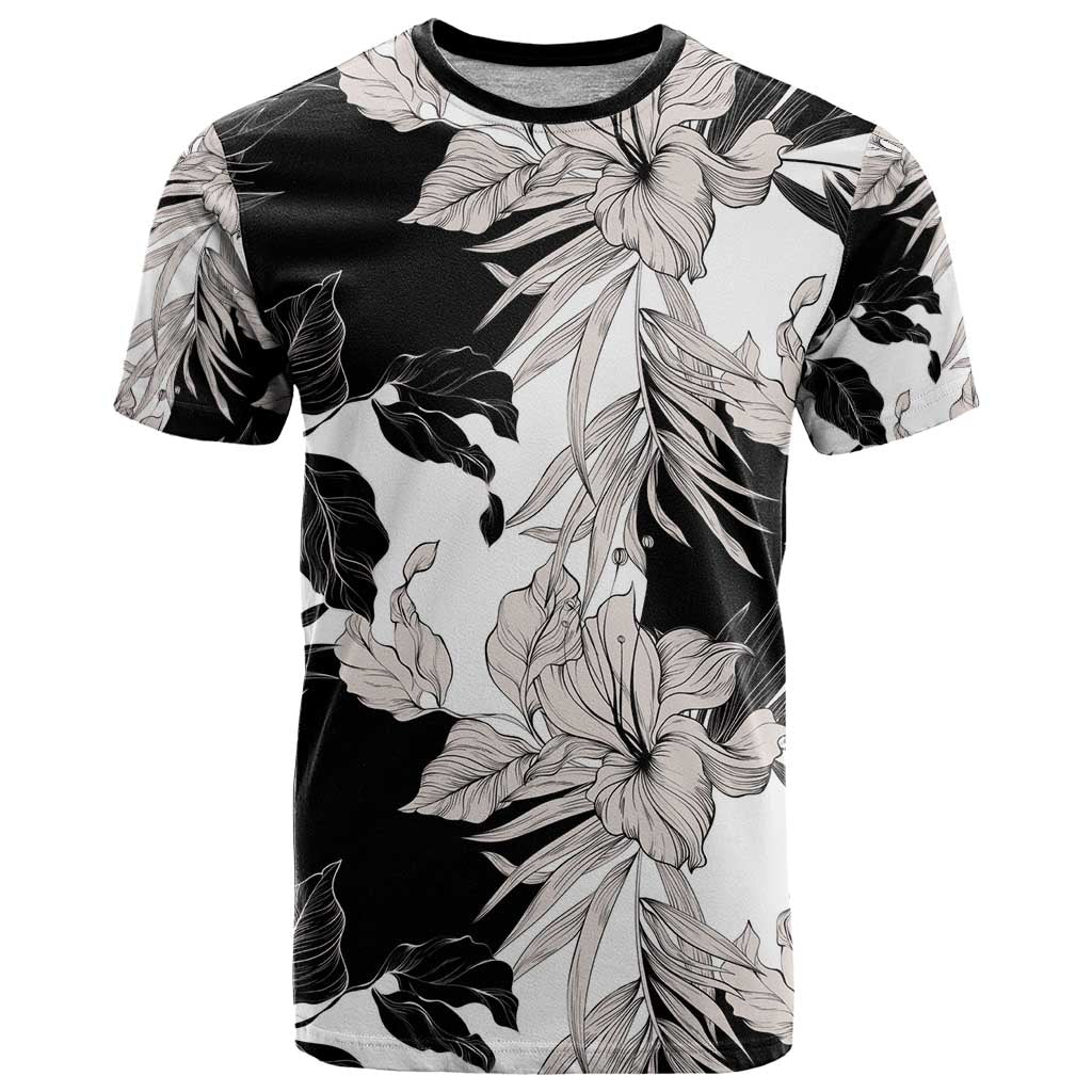 Black White Monotone Tropical Flowers Pattern T Shirt - Polynesian Pride