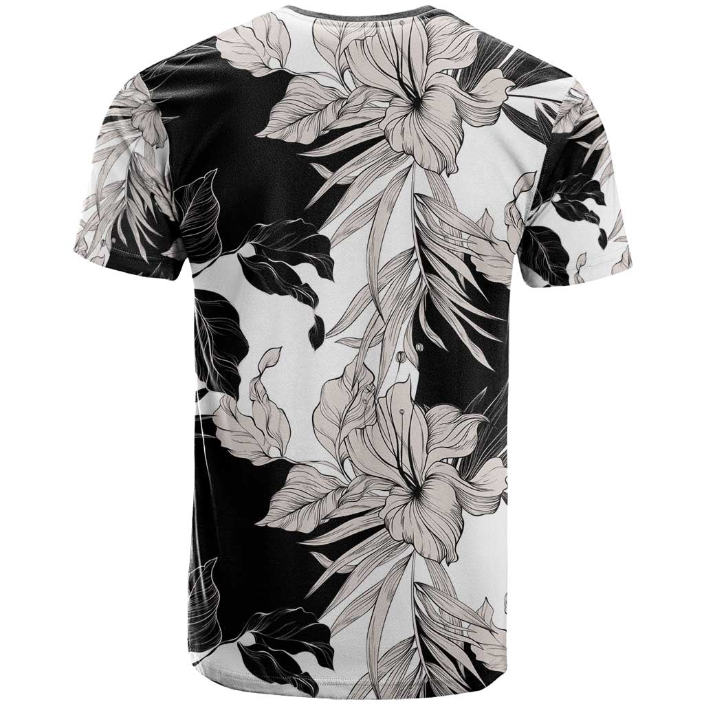 Black White Monotone Tropical Flowers Pattern T Shirt - Polynesian Pride