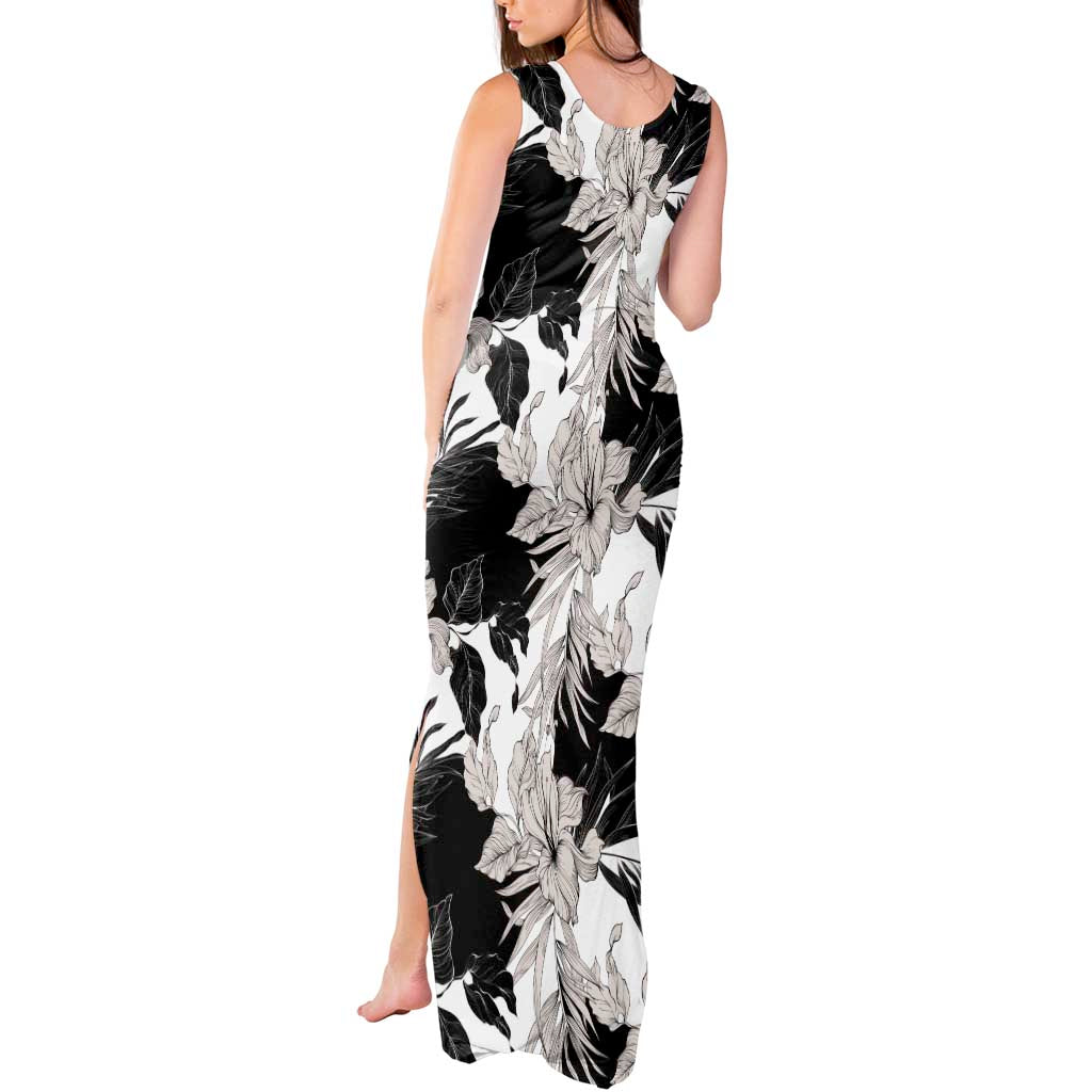 Black White Monotone Tropical Flowers Pattern Tank Maxi Dress - Polynesian Pride