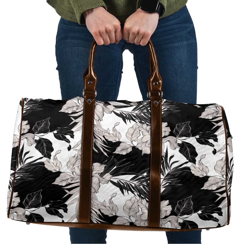 Black White Monotone Tropical Flowers Pattern Travel Bag - Polynesian Pride