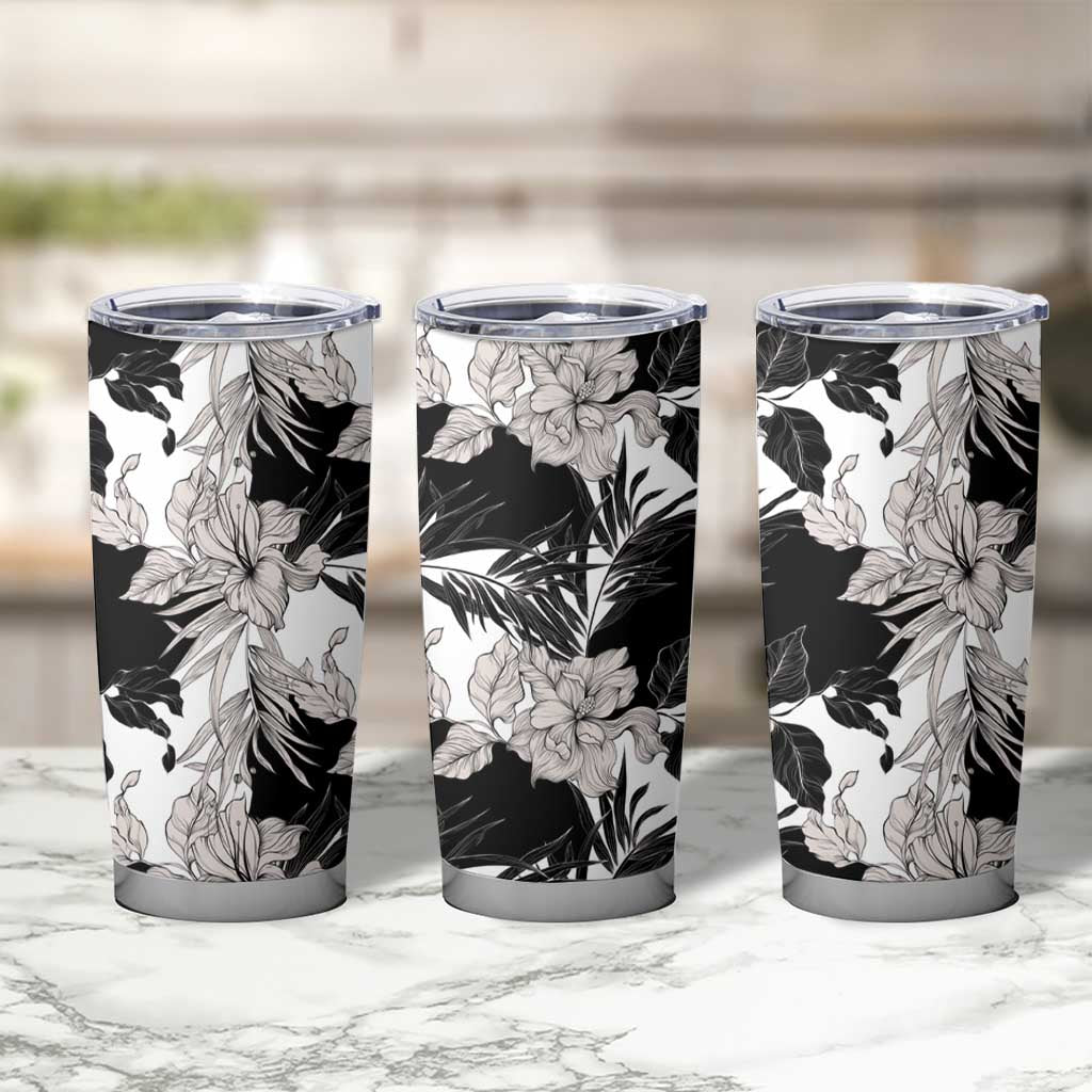 Black White Monotone Tropical Flowers Pattern Tumbler Cup - Polynesian Pride