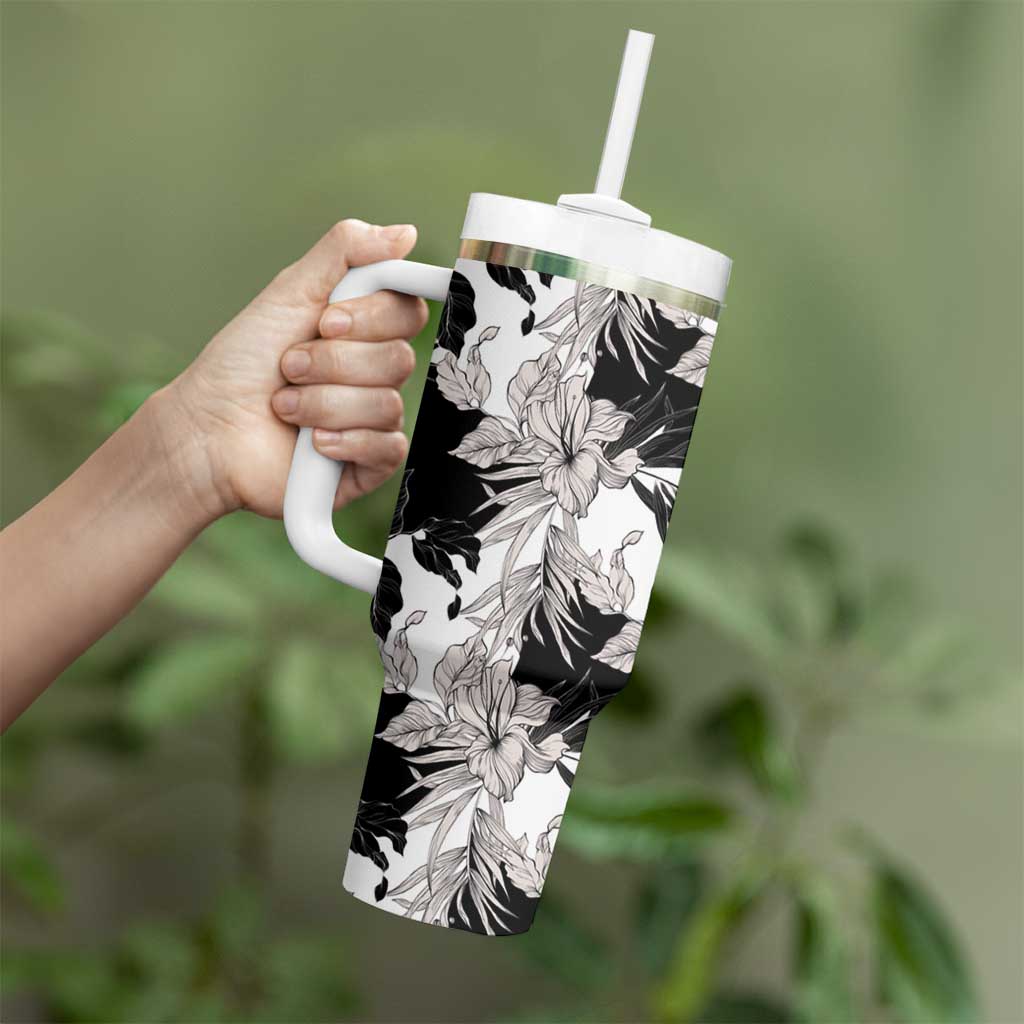 Black White Monotone Tropical Flowers Pattern Tumbler With Handle - Polynesian Pride