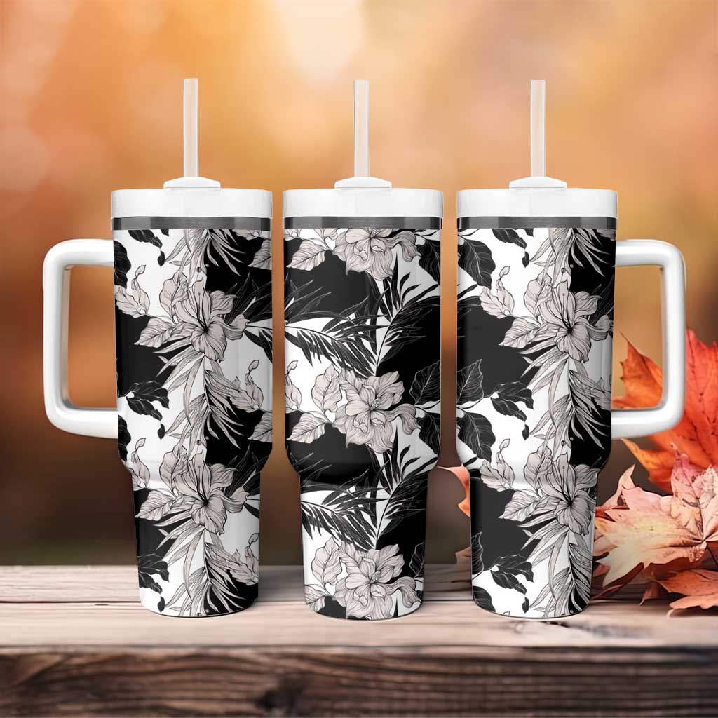 Black White Monotone Tropical Flowers Pattern Tumbler With Handle - Polynesian Pride
