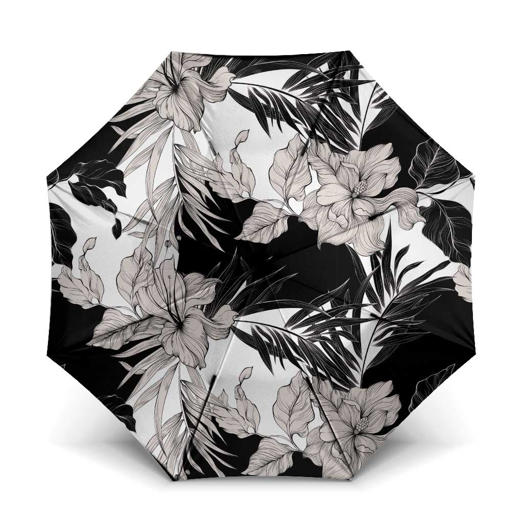 Black White Monotone Tropical Flowers Pattern Umbrella - Polynesian Pride