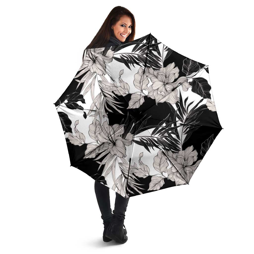 Black White Monotone Tropical Flowers Pattern Umbrella - Polynesian Pride