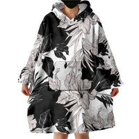 Black White Monotone Tropical Flowers Pattern Wearable Blanket Hoodie - Polynesian Pride