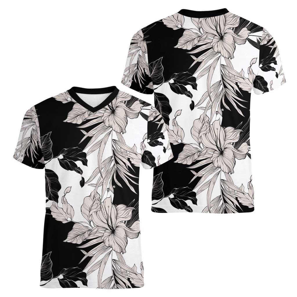 Black White Monotone Tropical Flowers Pattern Women V-Neck T-Shirt - Polynesian Pride