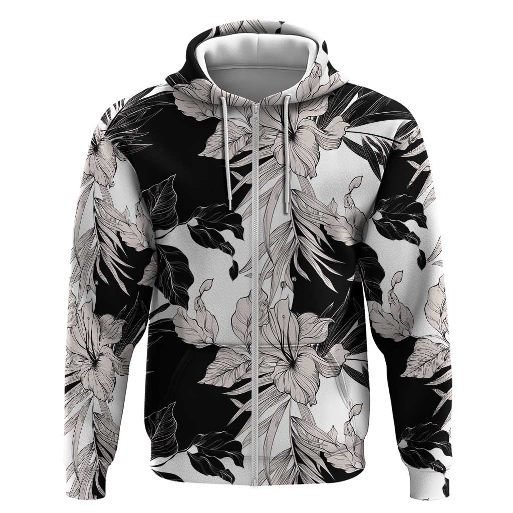 Black White Monotone Tropical Flowers Pattern Zip Hoodie - Polynesian Pride
