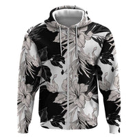 Black White Monotone Tropical Flowers Pattern Zip Hoodie - Polynesian Pride