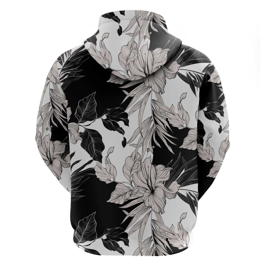 Black White Monotone Tropical Flowers Pattern Zip Hoodie - Polynesian Pride