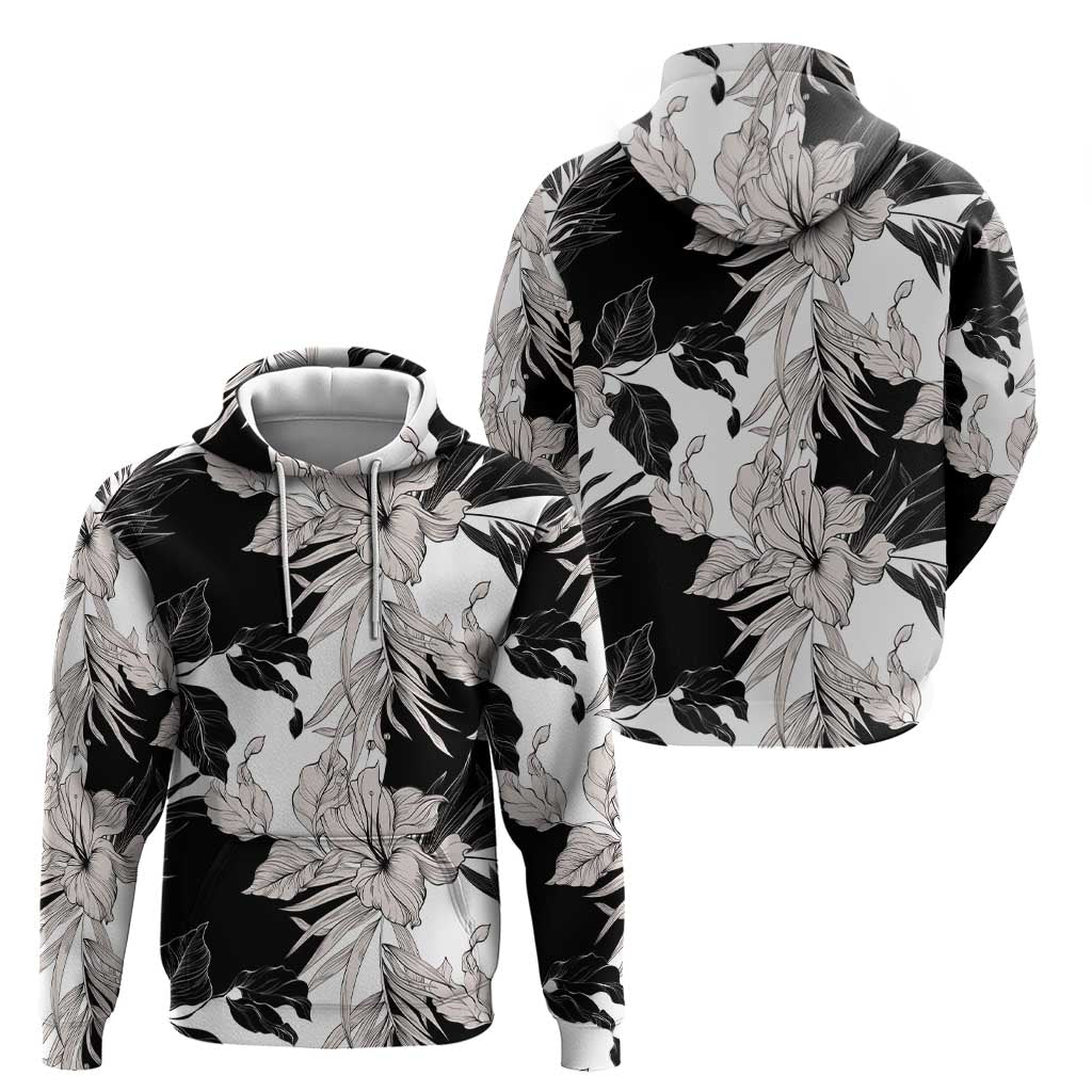 Black White Monotone Tropical Flowers Pattern Zip Hoodie - Polynesian Pride